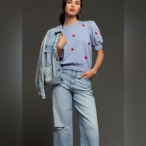 T.La Puff-Sleeve Pullover Shirt • French Terry Blue with Embellishments • NWOT